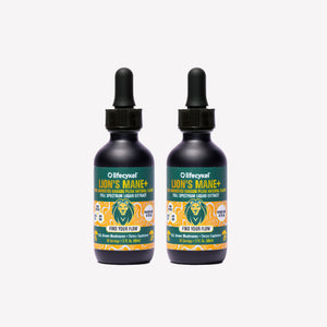 Two bottles of Lifecykel Lion's Mane mushroom extracts supplement with droppers on a white background