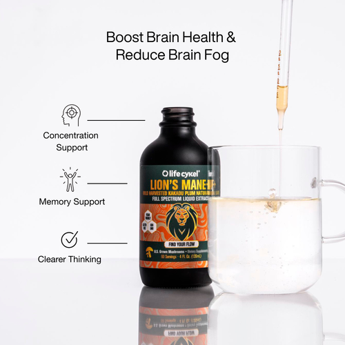 Bottle of Lifecykel Lion's Mane mushroom extract supplement with a glass of liquid on a white background, highlighting brain health benefits.