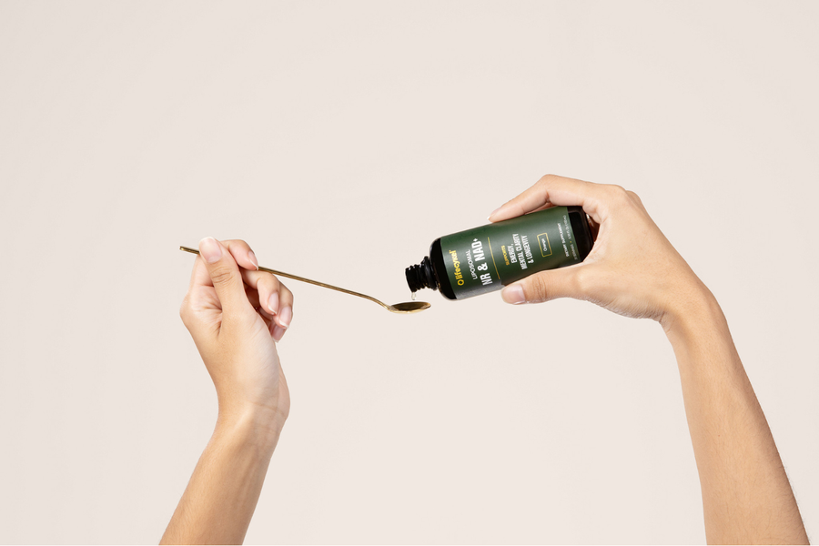 Hand holding a bottle of NR & NAD+ with a brush on a plain background