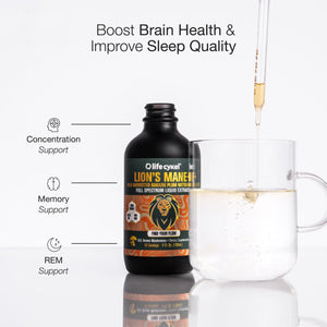 Lifecykel Lion's Mane mushroom extract supplement bottle with a glass of liquid on a white background