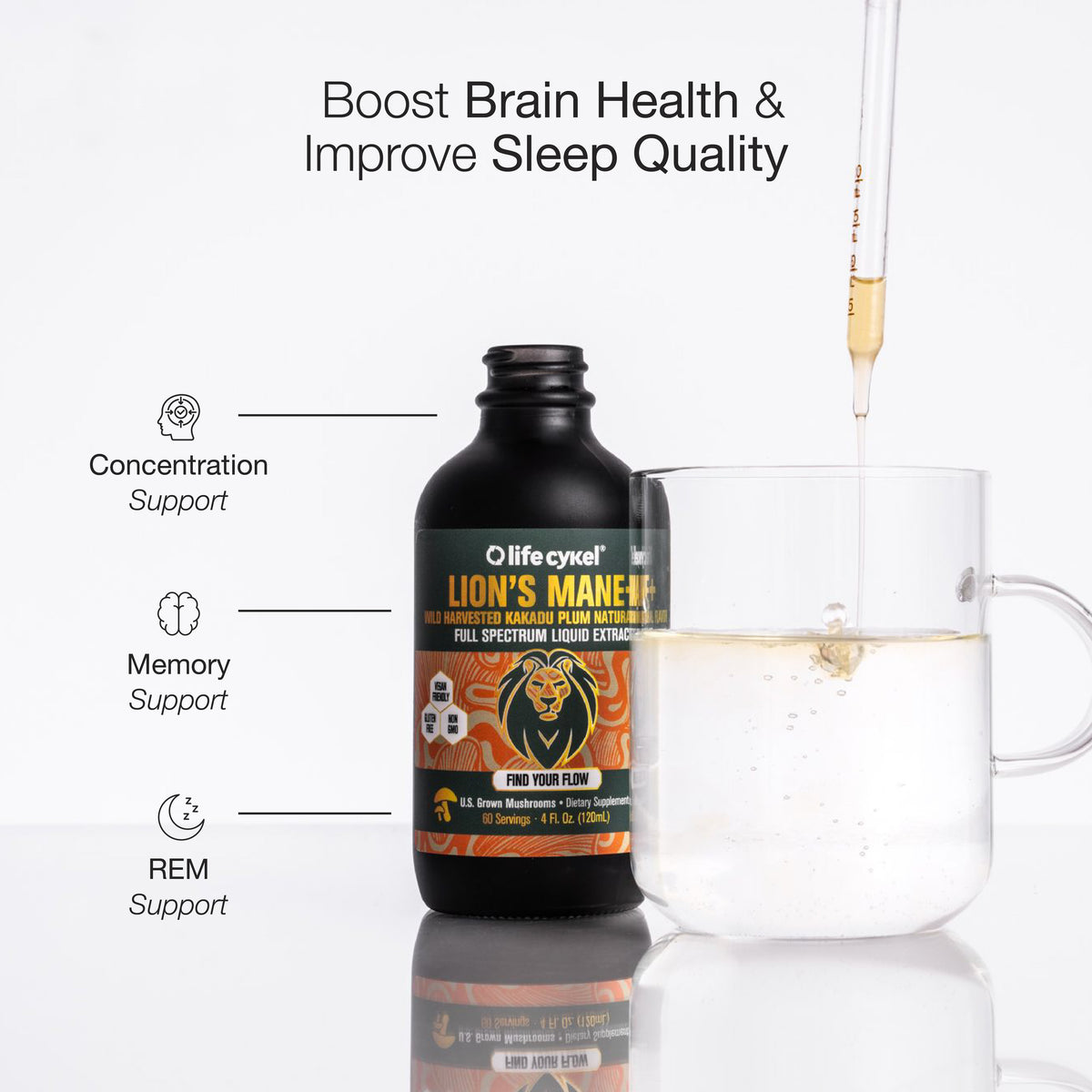 Lifecykel Lion's Mane mushroom extract supplement bottle with a glass of liquid on a white background