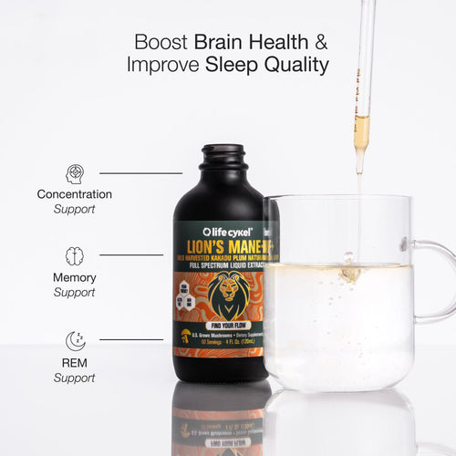 Lifecykel Lion's Mane mushroom extract supplement bottle with a glass of liquid on a white background