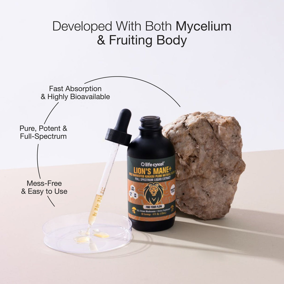 Bottle of Lifecykel Lion's Mane mushroom extract supplement with dropper and rock on a light background