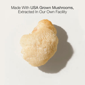 Lion's Mane mushroom on a white background with text about USA grown mushrooms.