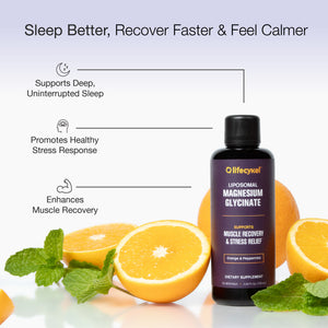 Lifecykel magnesium glycinate supplement bottle with oranges and mint leaves on a light background
