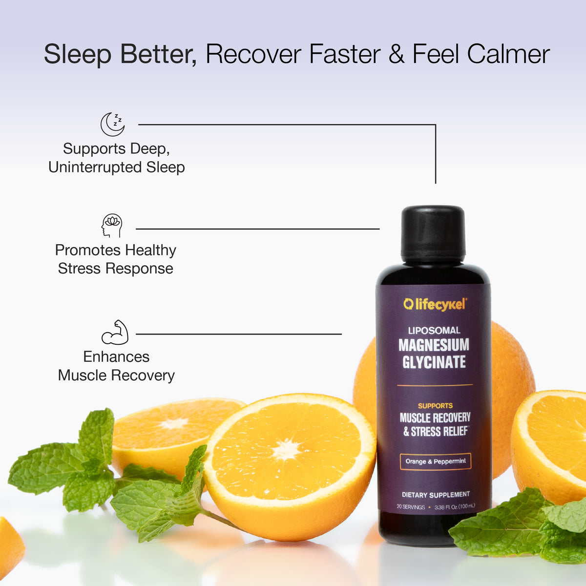 Lifecykel magnesium glycinate supplement bottle with oranges and mint leaves on a light background