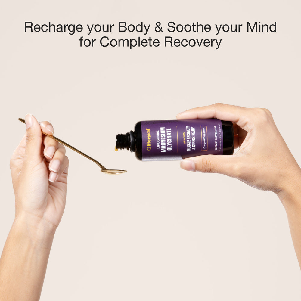 Hand holding a bottle of magnesium oil with text 'Recharge your Body & Soothe your Mind for Complete Recovery' on a beige background.