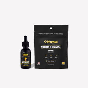 Black bottle and packaging of Lifecykel Chaga + Shilajit Gummies on a white background