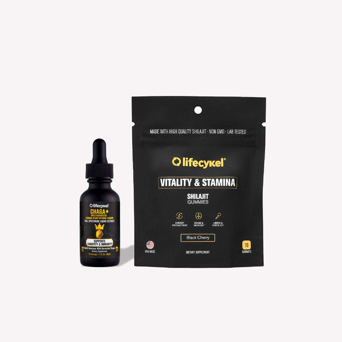 Black bottle and packaging of Lifecykel Chaga + Shilajit Gummies on a white background