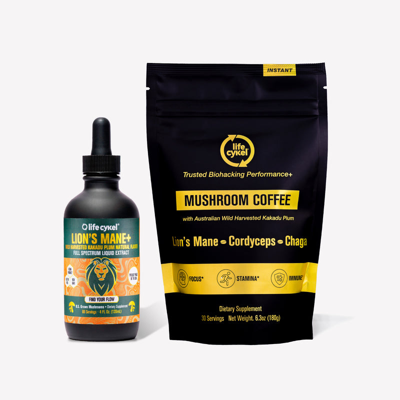Lifecykel Lion's Mane+ supplement bottle and Mushroom Coffee package on a white background