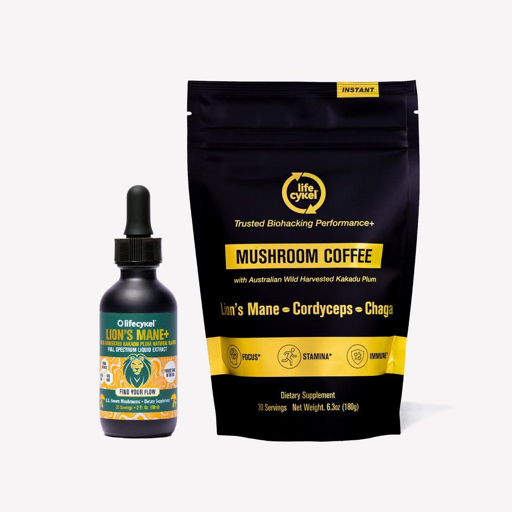 Lifecykel Mushroom Coffee package and Lion's Mane supplement bottle on a white background