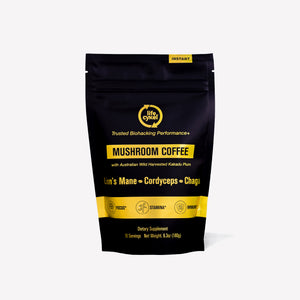 Black and yellow package of Mushroom Coffee with visible branding on a white background