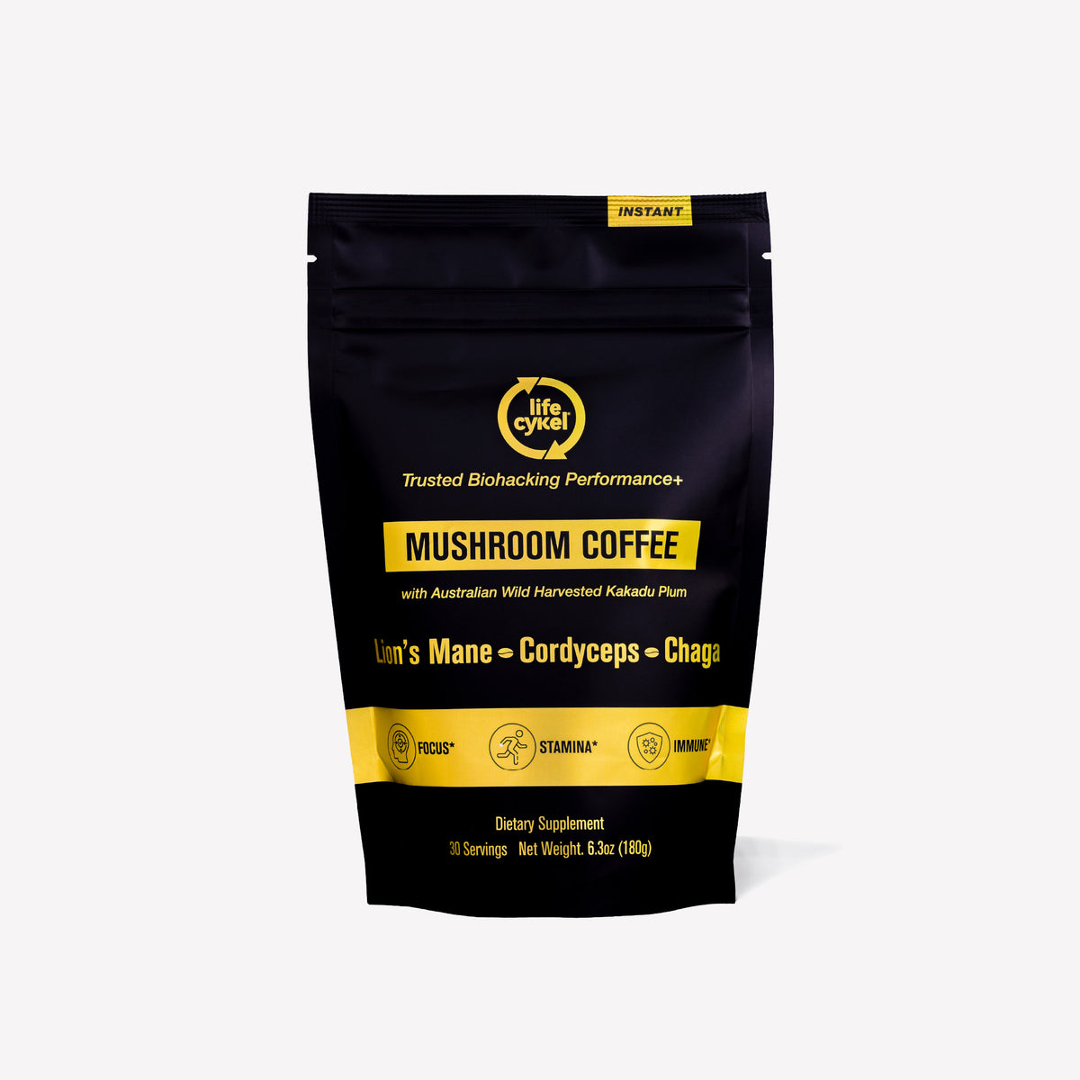 Black and yellow package of Mushroom Coffee with visible branding on a white background