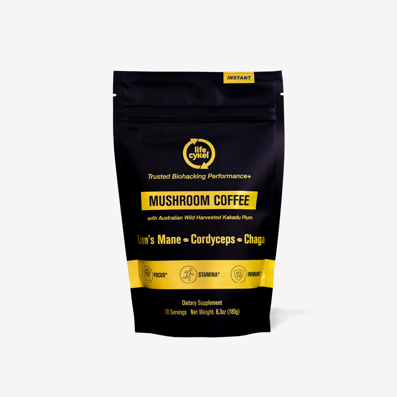 Black and yellow package of Mushroom Coffee with visible branding on a white background