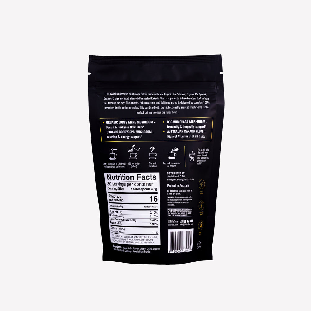 Black coffee packaging with nutrition facts label on a white background