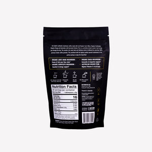 Black coffee packaging with nutrition facts label on a white background