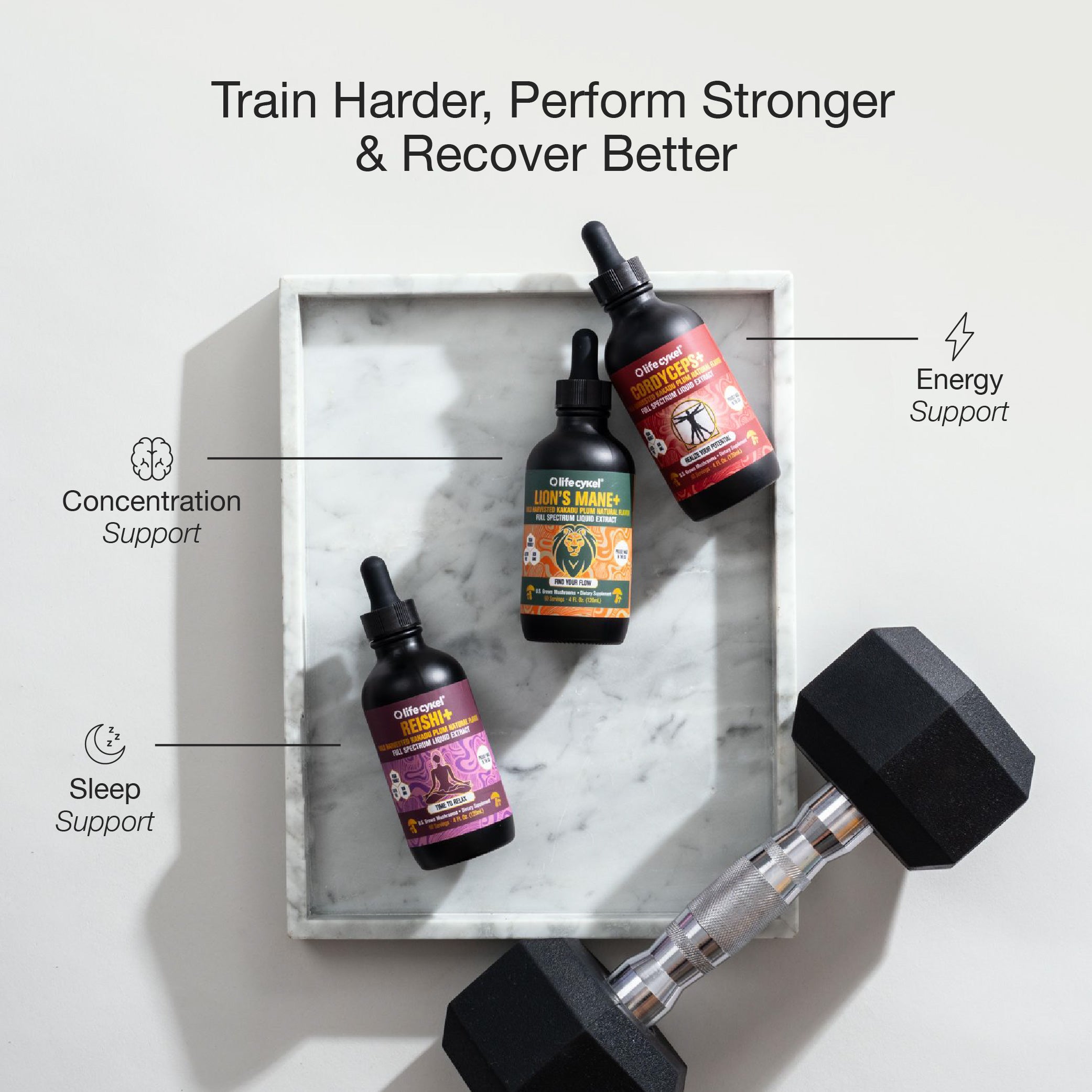 Three bottles of a Lifecykel mushroom extracts  supplement on a marble tray with a dumbbell, labeled for support functions.