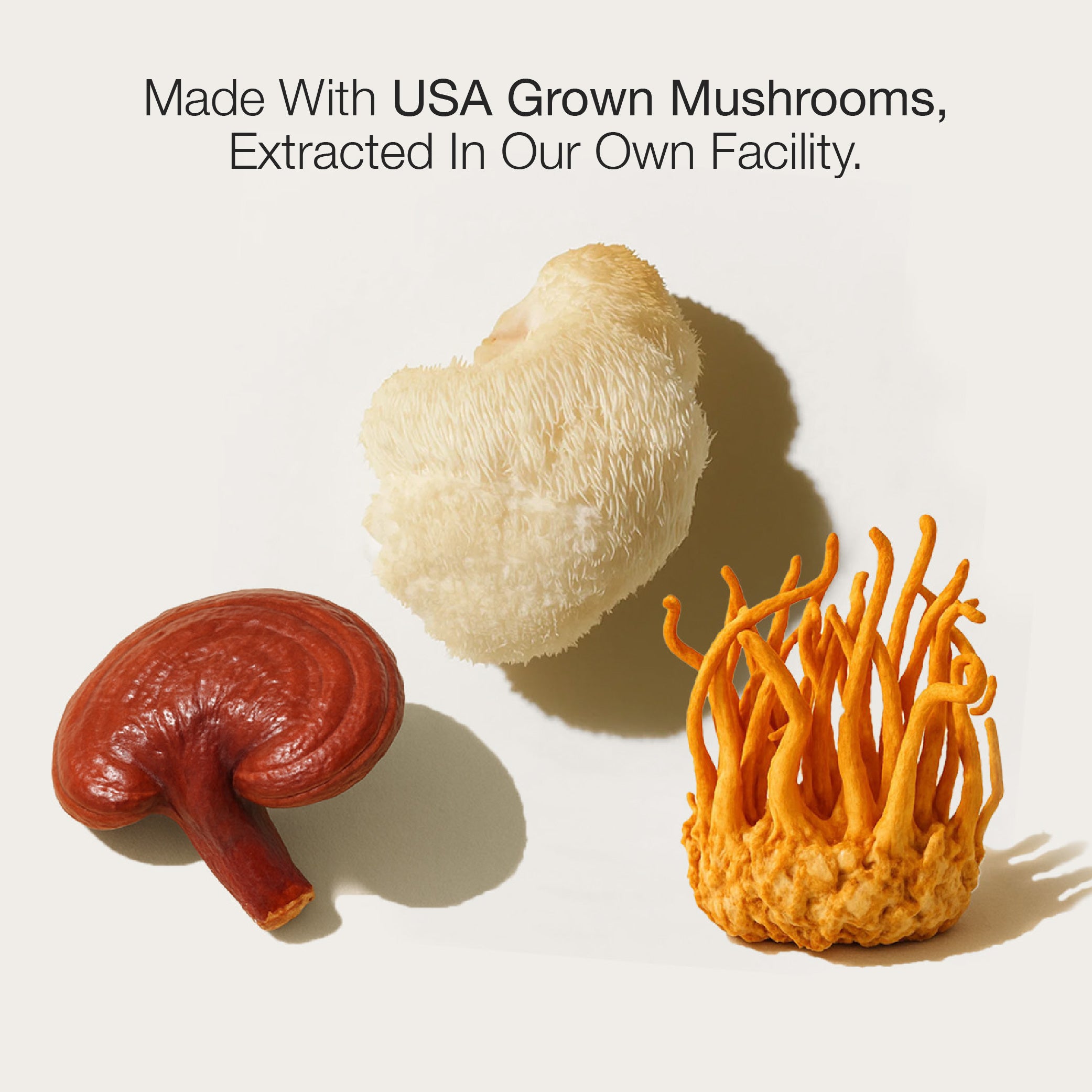 Three different types of mushrooms on a light background with text about USA grown mushrooms.