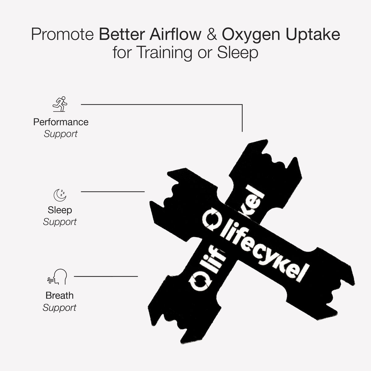 Silhouette of a cross with 'lifecykel' branding, promoting better airflow and oxygen uptake for training or sleep.