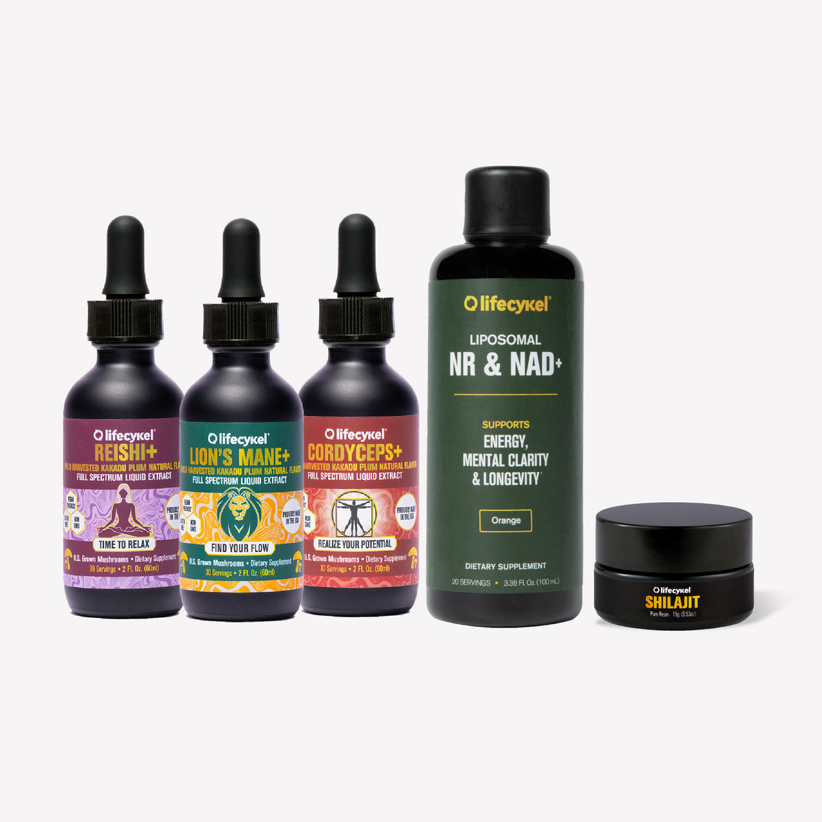 Collection of Lifecykel mushroom extracts bottles, Liposomal NR and a jar of Shilajit on a white background