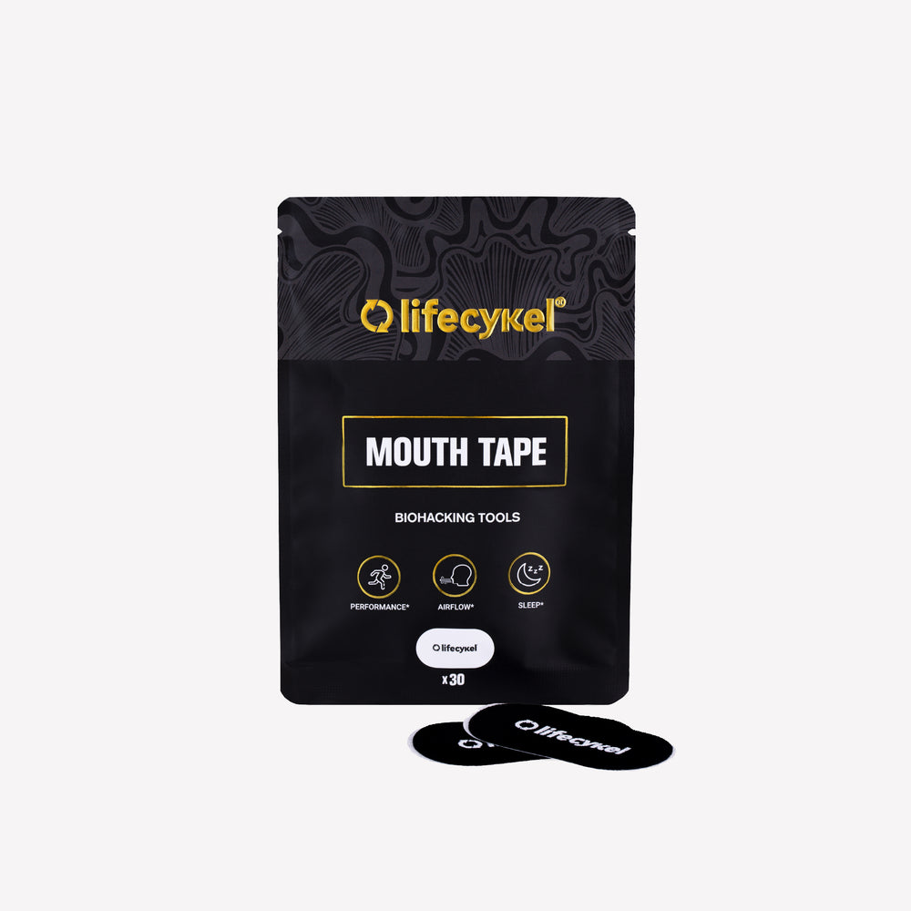 Black package of lifecykel mouth tape on a white background