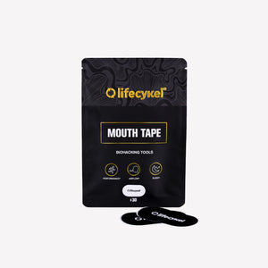 Black package of lifecykel mouth tape on a white background