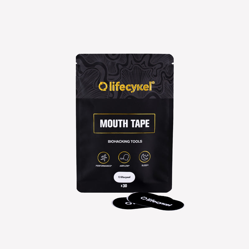 Black package of lifecykel mouth tape on a white background
