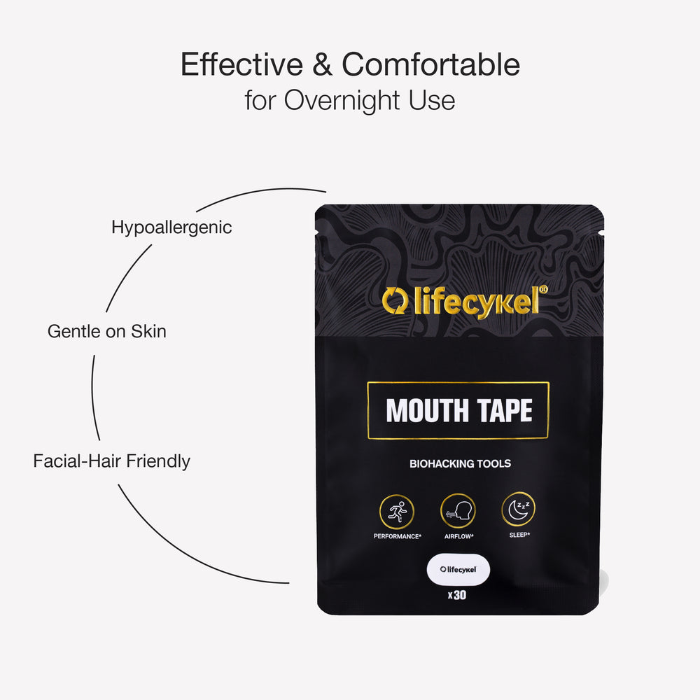 Black package of Lifecykel mouth tape with features listed on a white background