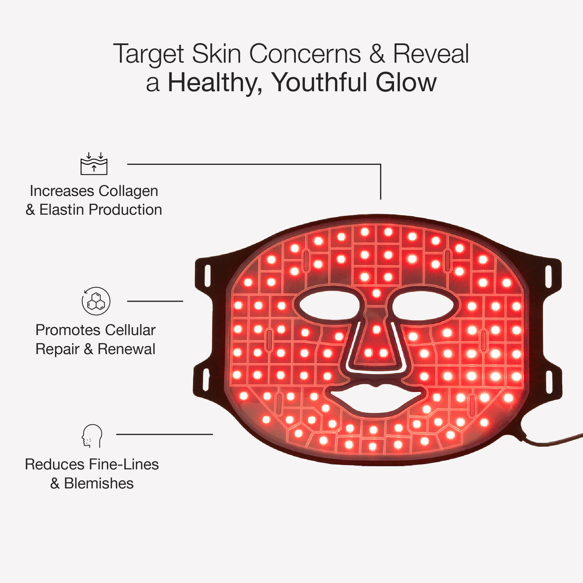 LED face mask with red light therapy on a white background