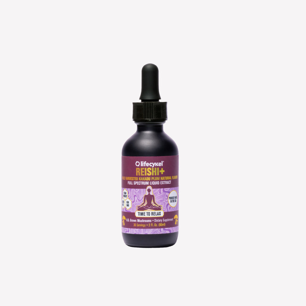 Bottle of Lifeyke Reishi+ mushroom extract supplement 60ml bottle on a white background