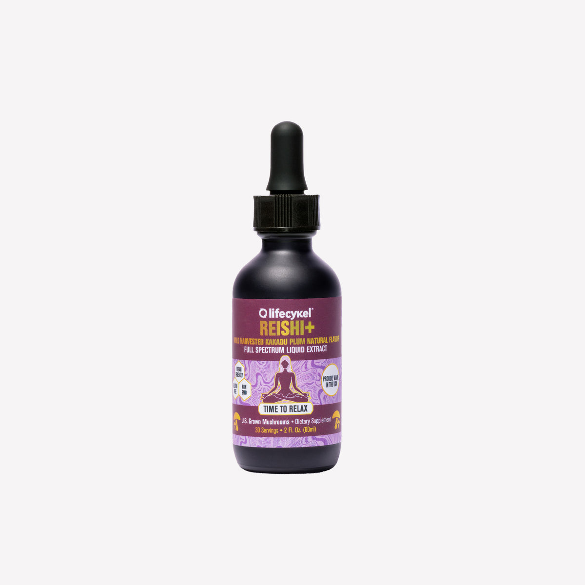 Bottle of Lifeyke Reishi+ mushroom extract supplement 60ml bottle on a white background