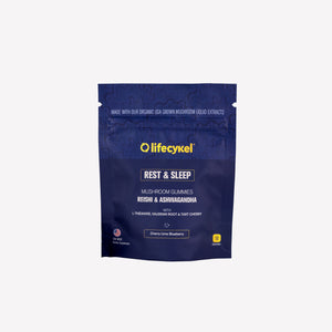Lifecykel Rest & Sleep mushroom gummies package on a white background