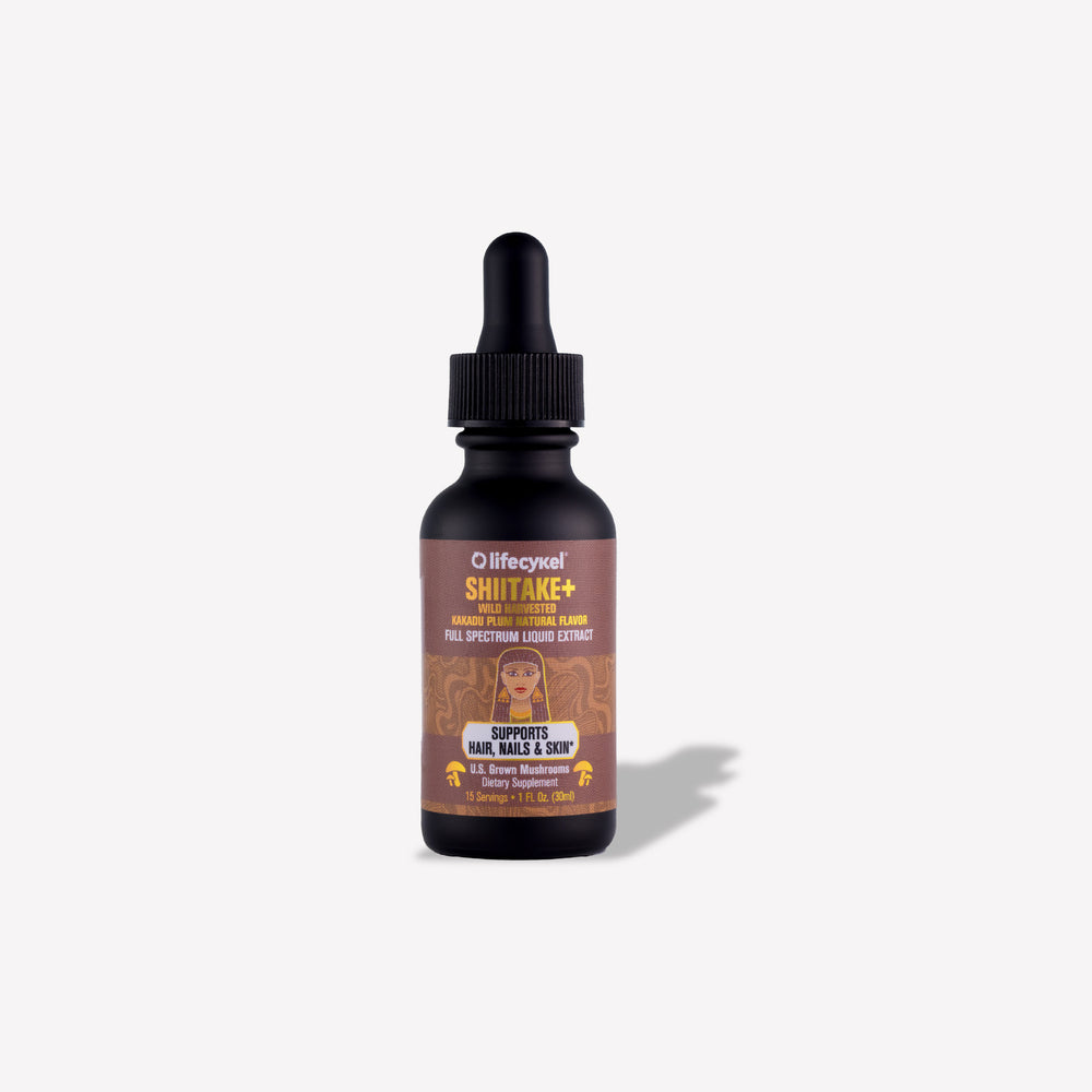A 30ml bottle of Lifecykel Shiitake mushroom extracts supplements on a white background