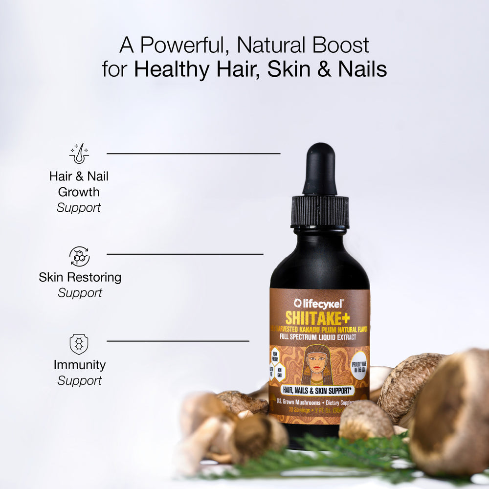 Lifecykel Shitake+ mushroom extract supplement bottle with mushrooms on a light gray background