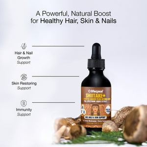 Lifecykel Shitake+ mushroom extract supplement bottle with mushrooms on a light gray background