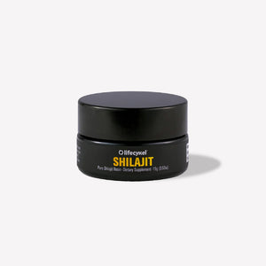 Black container of lifecykel Shilajit on a white background