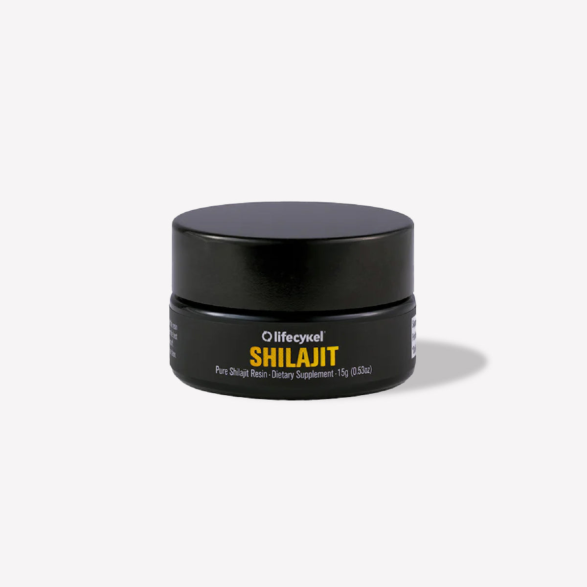 Black container of lifecykel Shilajit on a white background