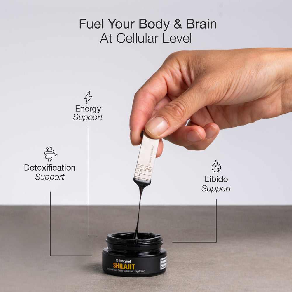 Hand dropping a dropper into a black jar labeled 'Shilajit' with text about health benefits on a light gray background.
