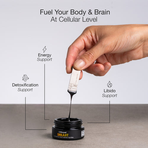 Hand dropping a dropper into a black jar labeled 'Shilajit' with text about health benefits on a light gray background.