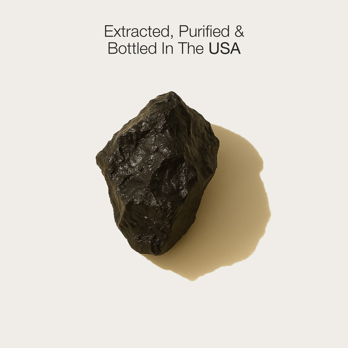 Raw black Shilajit mushroom on a beige background with text 'Extracted, Purified & Bottled In The USA'.