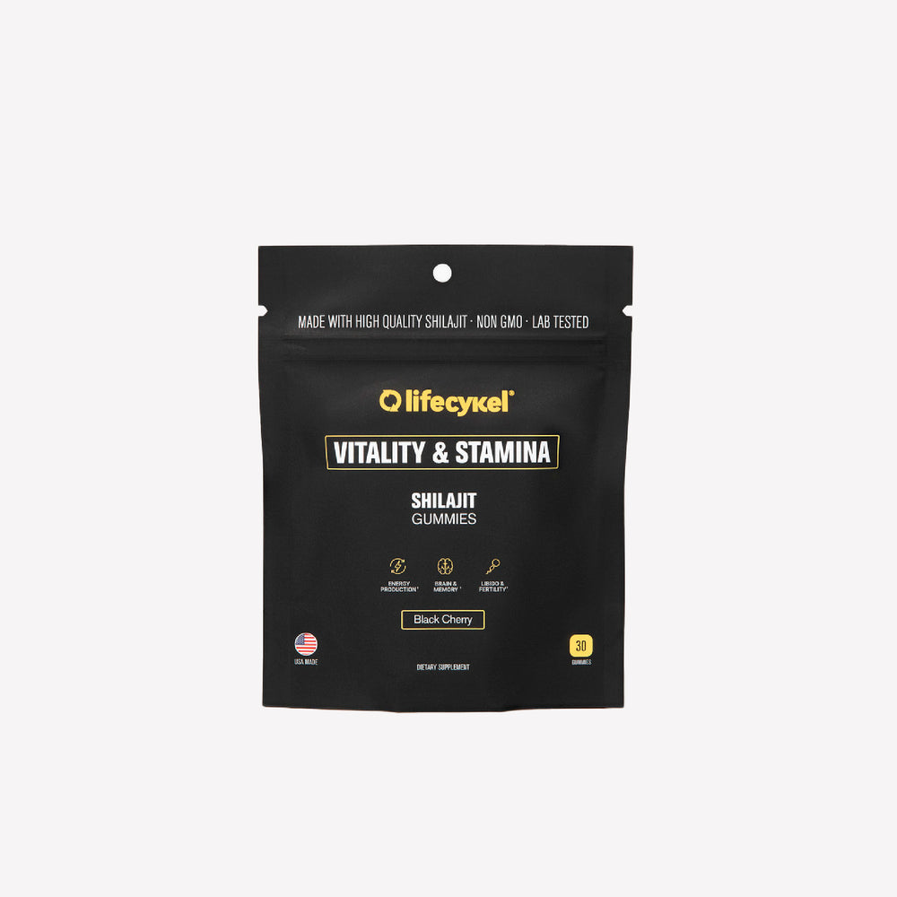 Black packaging of Lifecykel Shilajit Gummies on a white background