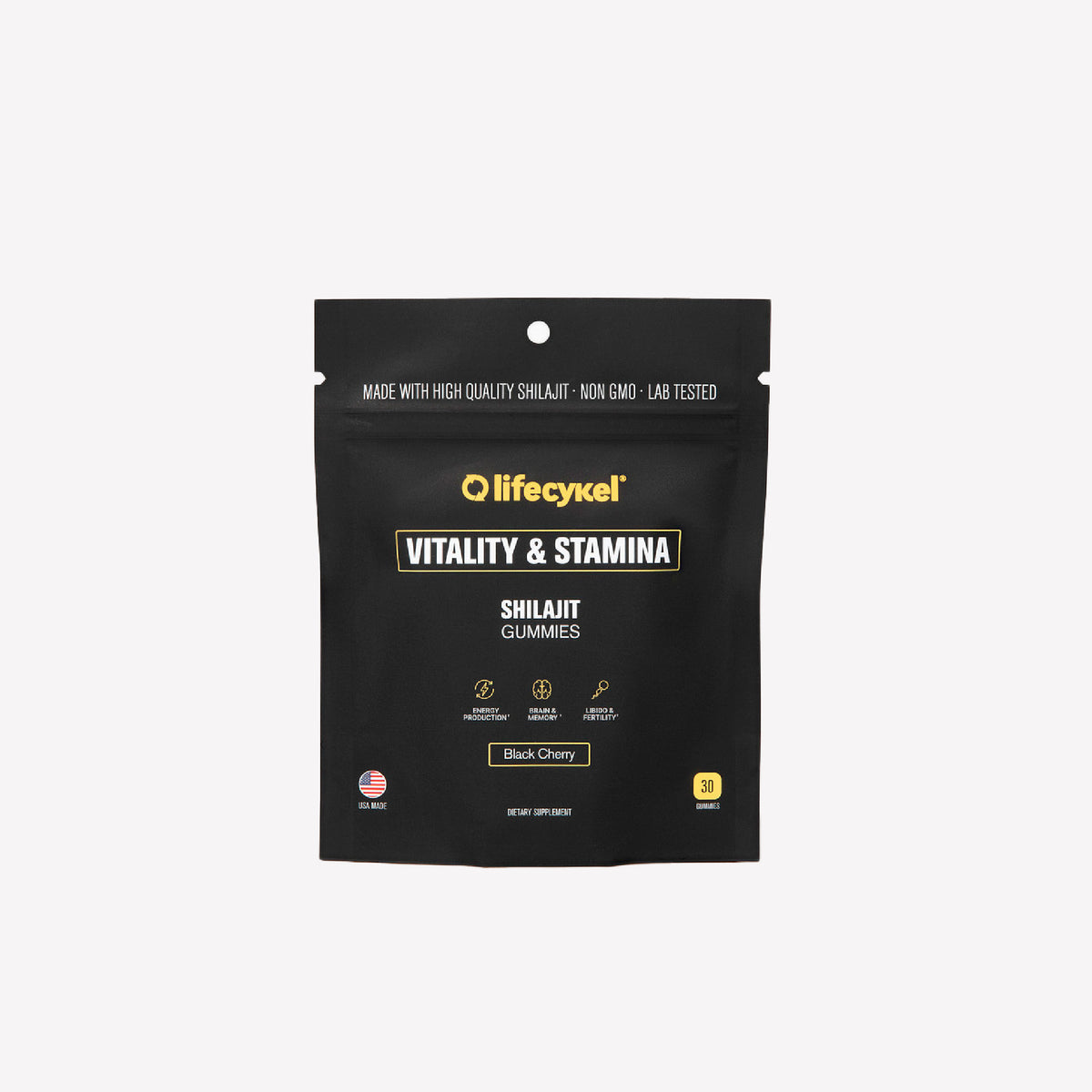 Black packaging of Lifecykel Shilajit Gummies on a white background
