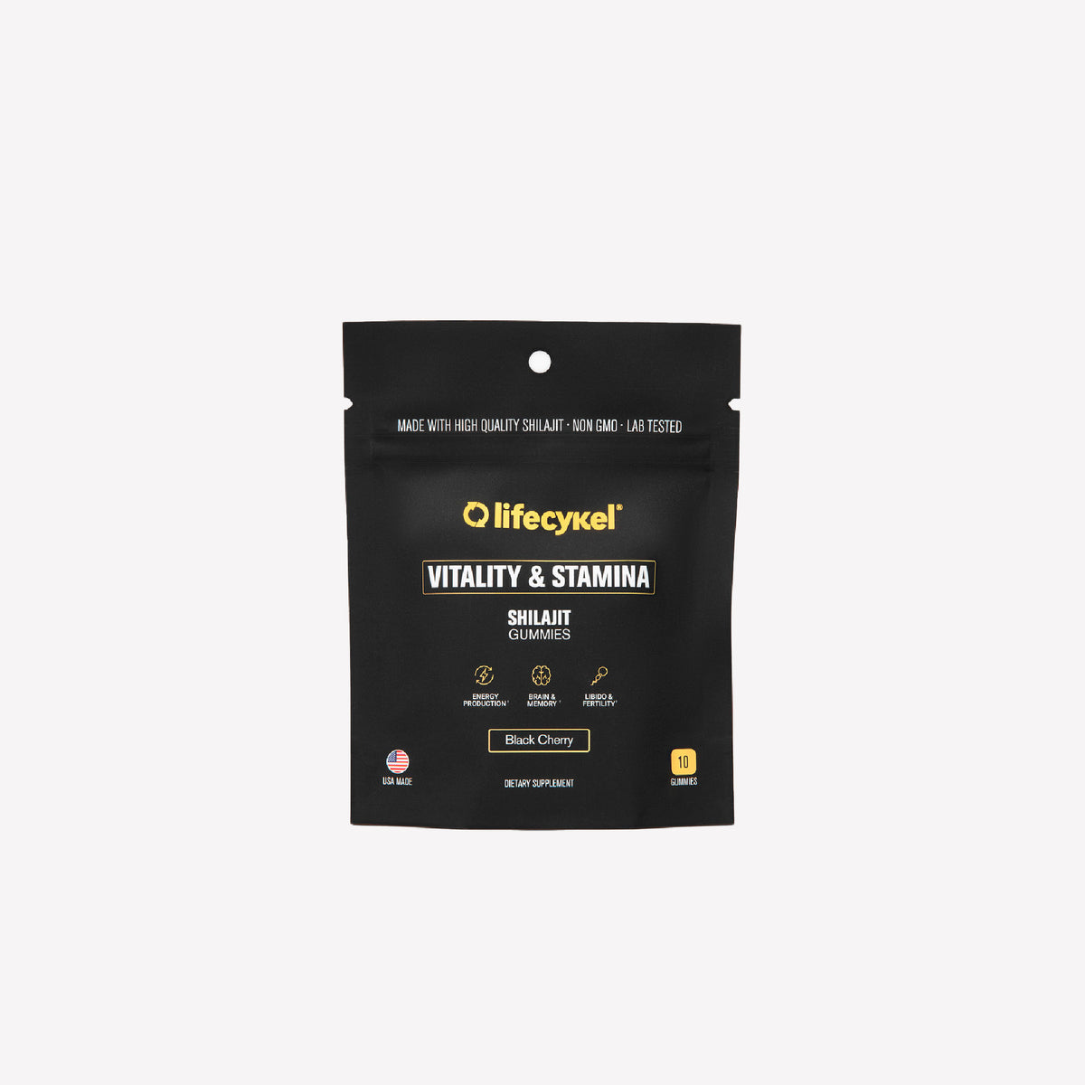 Black supplement package with yellow text on a white background