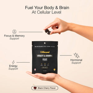 Hand holding a black package labeled 'Vitality & Stamina' by Lifecykel with text about product benefits on a beige background.