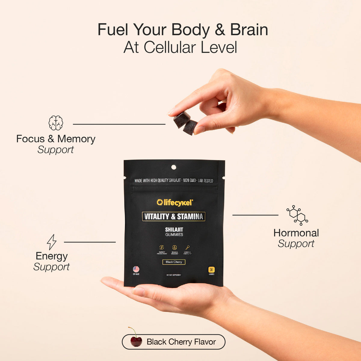 Hand holding a black package labeled 'Vitality & Stamina' by Lifecykel with text about product benefits on a beige background.