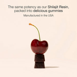 Cherry with a small stack of dark gummies on a beige background, text about Shilajit Resin gummies.
