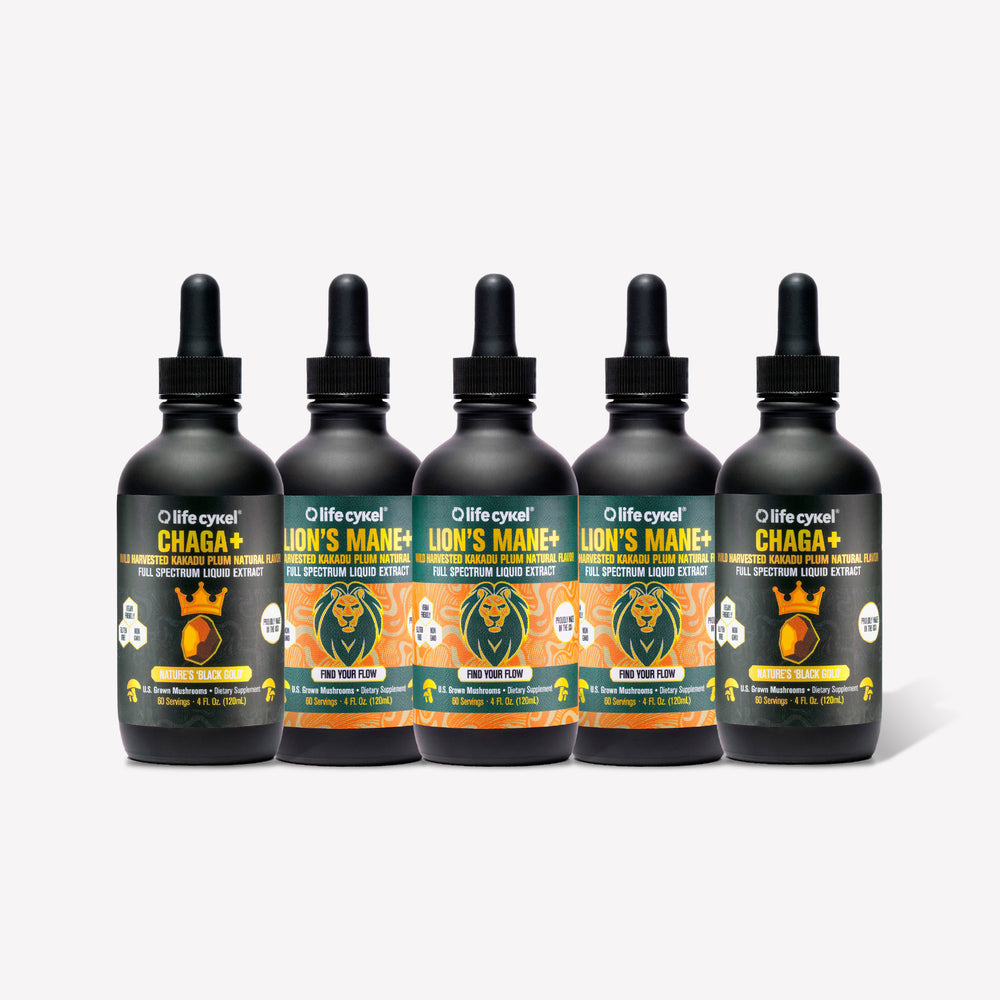 Five bottles of Lifecykel mushroom extracts supplements on a white background