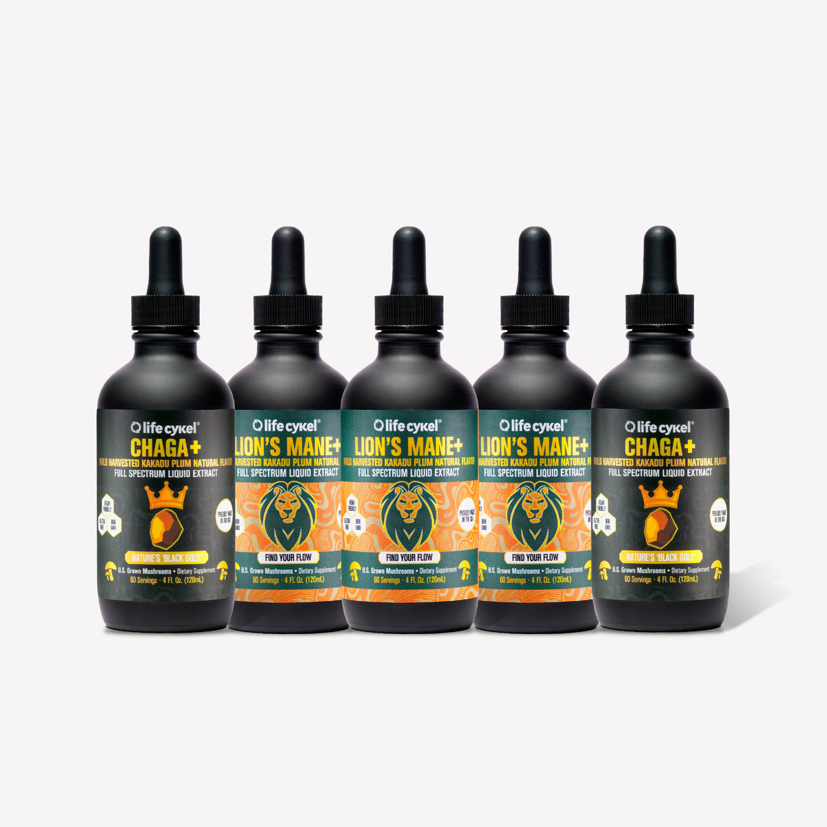 Five bottles of Lifecykel mushroom extracts supplements on a white background