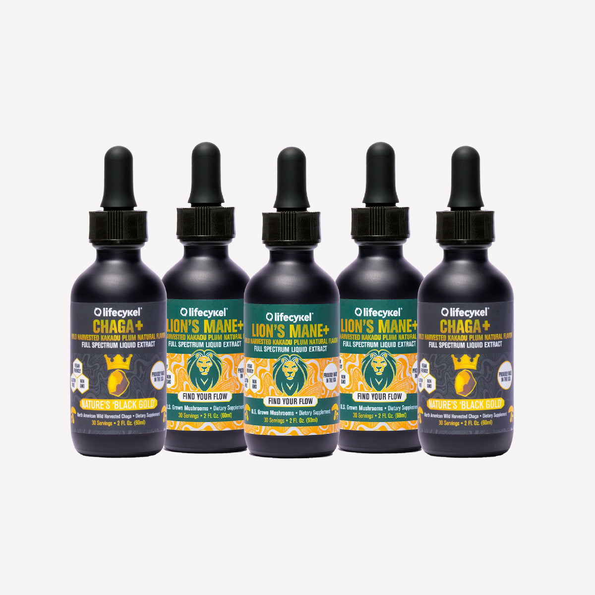 Five bottles of Lifecykel mushroom extracts supplements on a white background
