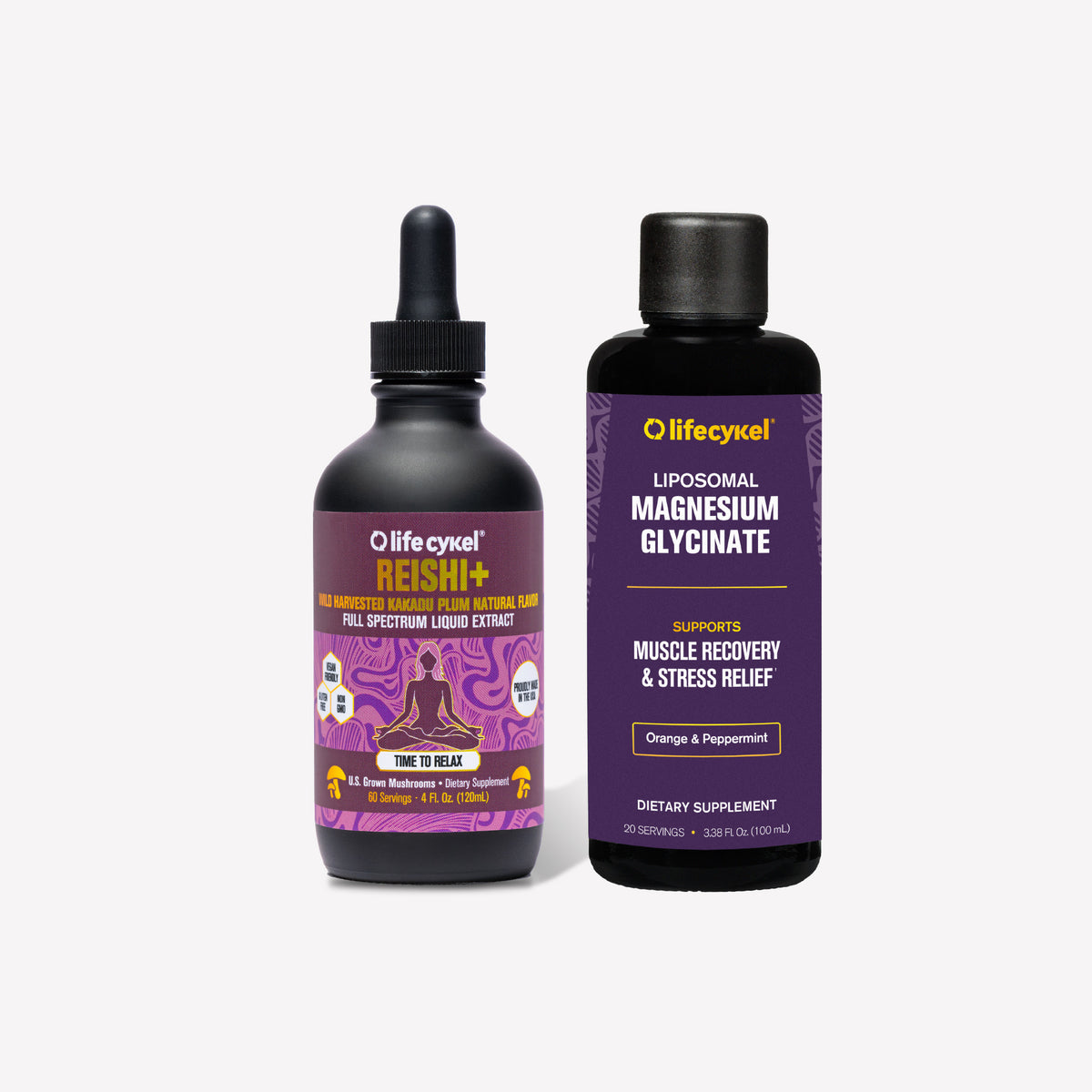 Two bottles of Lifecykel supplements on a white background